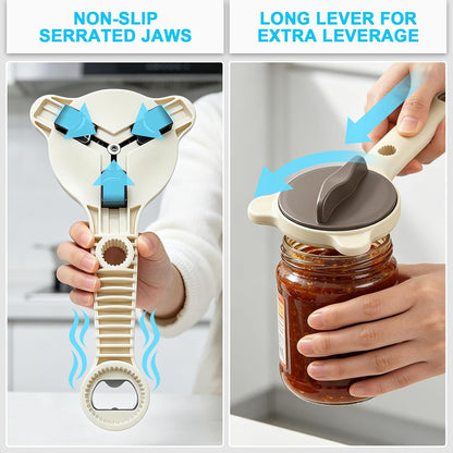 Jar Opener for Seniors& Weak Hands, 4-in-1 Non-Slip Bottle Opener | For weak hands & arthritis. Opens jars, twist-off caps, beer bottles & sauce pouches. Ergonomic, compact kitchen helper.