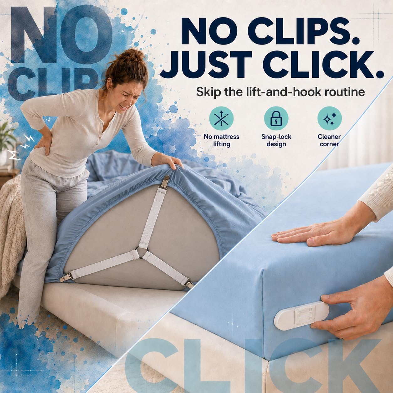 Bed Sheet Holders for Corners, Fitted Sheet Holder with Lock Strips, Hidden Corner Sheet Lock System, Sheet Locks for Fitted Sheets, No Metal Clips, 4 Corner Bases + 8 Lock Strips