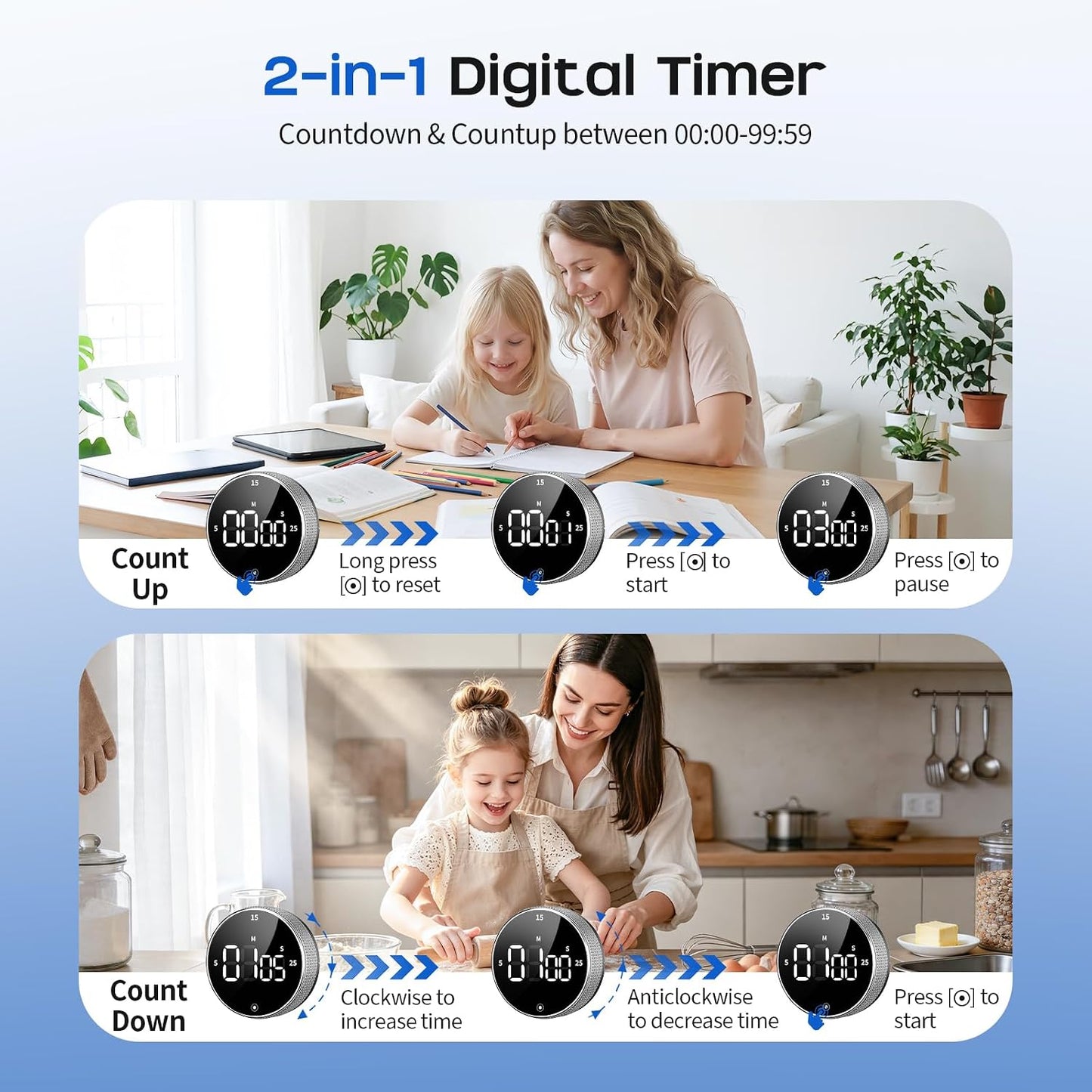 Digital Kitchen Timer with Magnetic - Visual Timer with Large LED Display, Pomodoro Classroom Timers with 3-Preset Times, Volume Adjustable, Countdown & Count Up Timers for Cooking