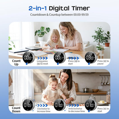 Digital Kitchen Timer with Magnetic - Visual Timer with Large LED Display, Pomodoro Classroom Timers with 3-Preset Times, Volume Adjustable, Countdown & Count Up Timers for Cooking