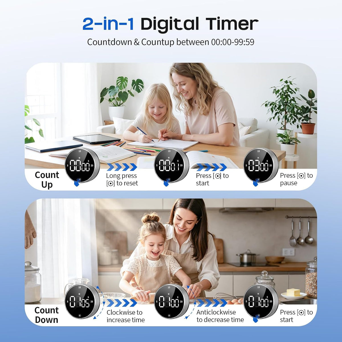 Digital Kitchen Timer with Magnetic - Visual Timer with Large LED Display, Pomodoro Classroom Timers with 3-Preset Times, Volume Adjustable, Countdown & Count Up Timers for Cooking