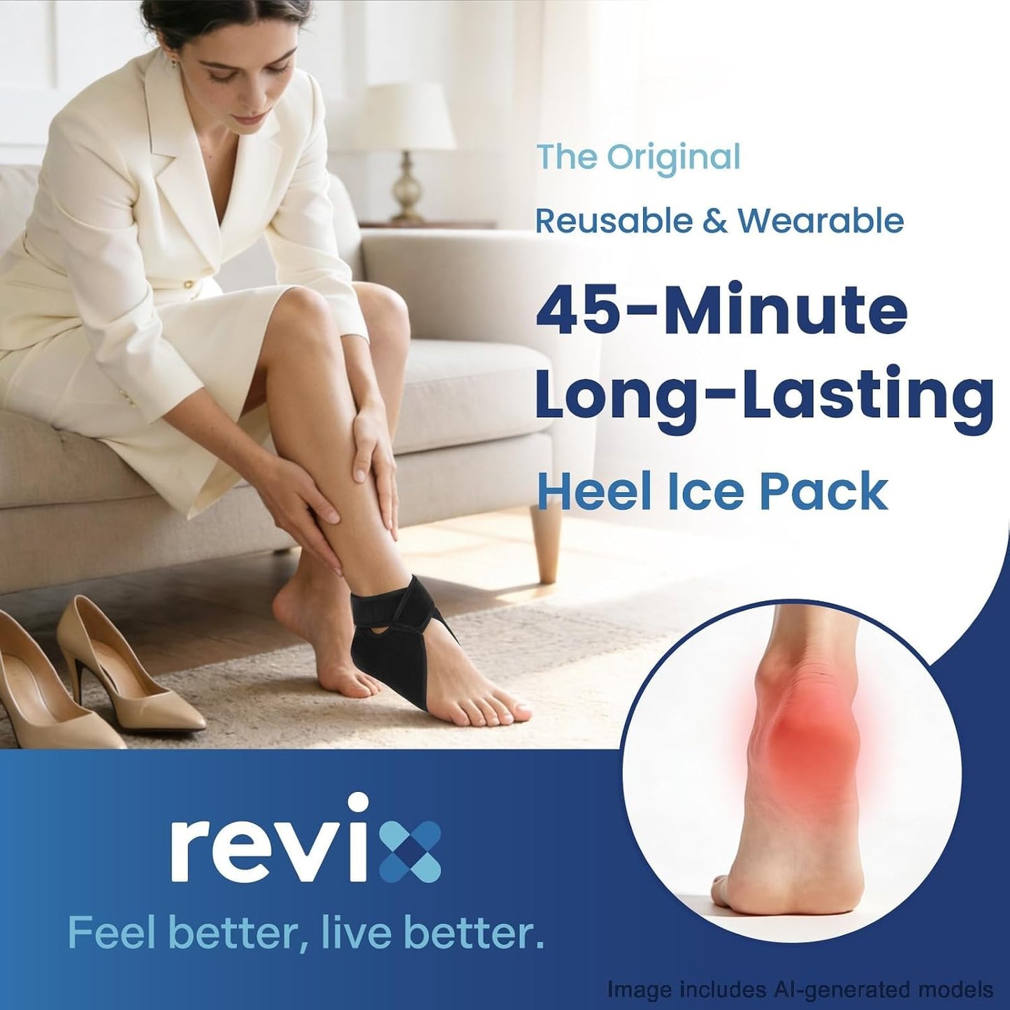 REVIX 2-Pack 45-Min Heel Ice Pack Wrap for Tendonitis & Plantar Fasciitis | Lightweight Wrap with Adjustable Strap for Men & Women, Cooling Comfort for Heel Bursitis, Swelling & Soreness, Reusable Gel