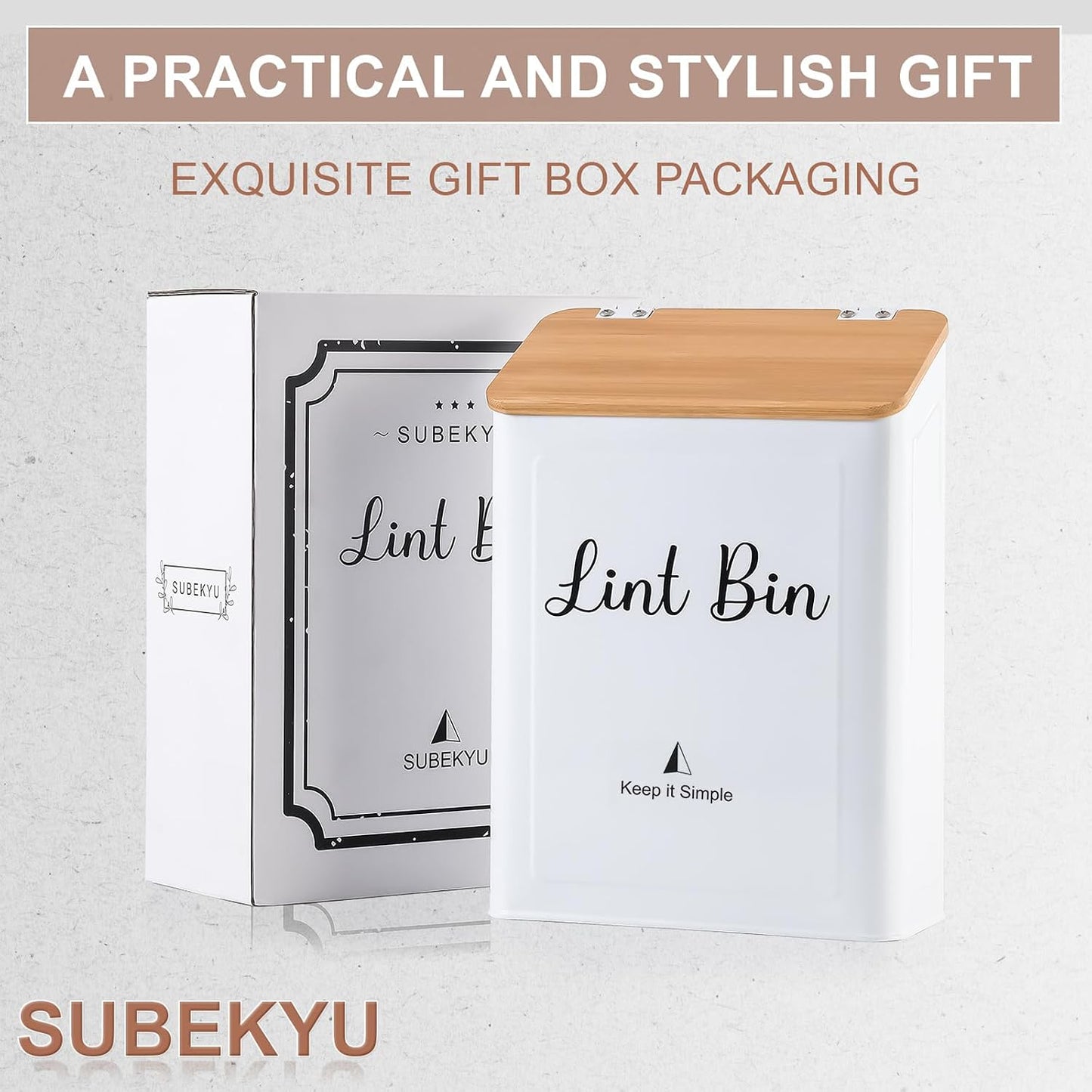SUBEKYU Magnetic Lint Bin for Laundry Room Organization and Storage,White | Wall Mounted Metal Lint Box Holder Trash Can with Bamboo Lid for Dryer,Lint Basket for Laundry Room Decor