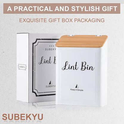 SUBEKYU Magnetic Lint Bin for Laundry Room Organization and Storage,White | Wall Mounted Metal Lint Box Holder Trash Can with Bamboo Lid for Dryer,Lint Basket for Laundry Room Decor