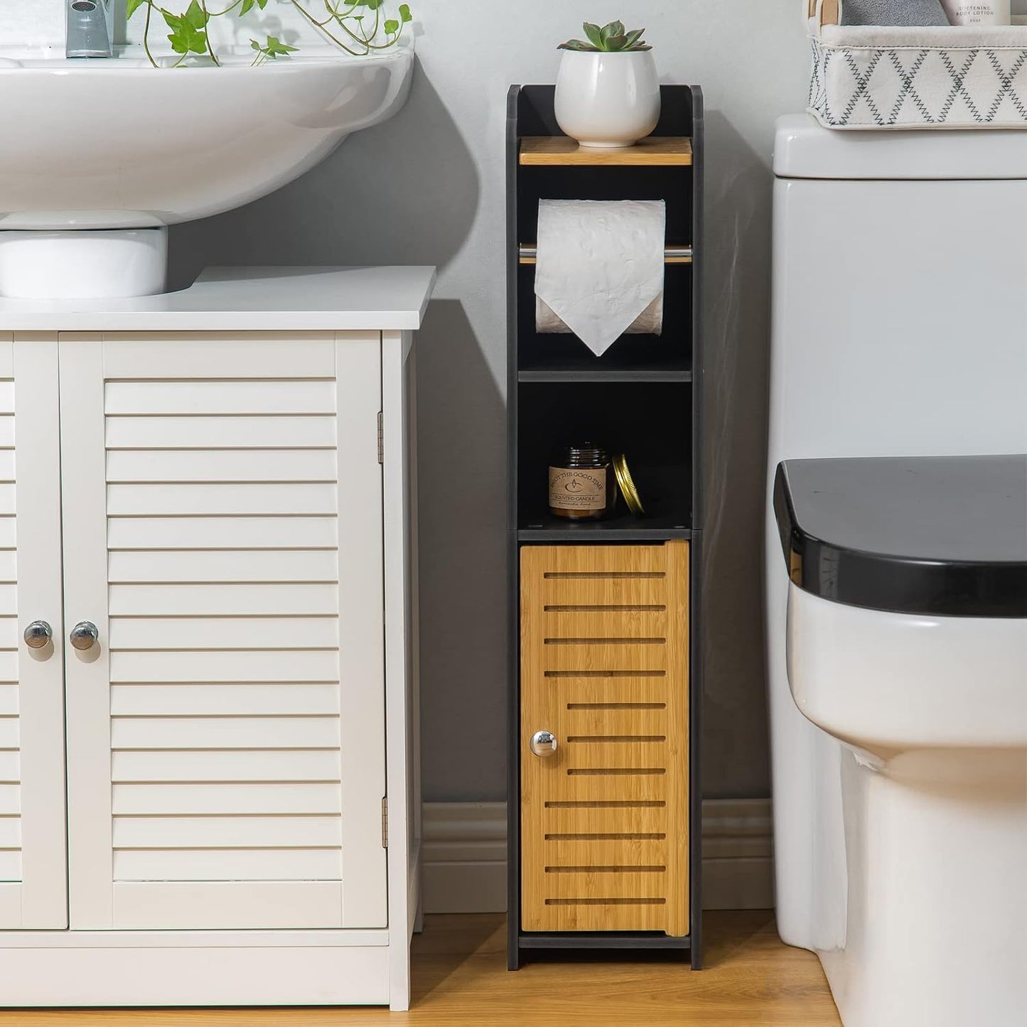AOJEZOR Toilet Paper Holder Stand: Small Space Bathroom Storage for Renters