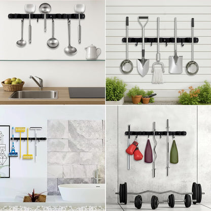 SUS304 5 Racks and 4 Hooks Mop and Broom Holder Wall Mount | Heavy Duty Self Adhesive Solid Non-slip Broom Organizer Storage Tool Racks for Home Kitchen Garden Laundry Garage