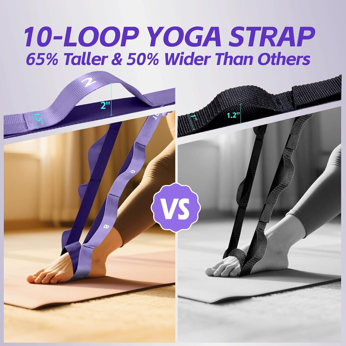 Non Elastic Stretching Strap with Loops - Yoga Straps for Physical Therapy, Durable Stretch Bands for Exercise, Flexibility Training, Hamstring & Leg Stretcher, Yoga/Pilates/Gymnastics