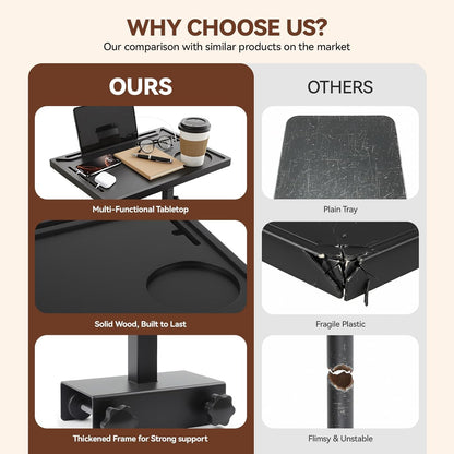 Bedside Shelf Rotating Foldable Tray:Height-Adjustable Clip On Bed Side Tray Table, Tray Table with Sturdy Metal Pole,Fits Bed Frames 0.7"-2.7" Wide for Dorms, Apartments, Bedrooms,Dorm Essentials