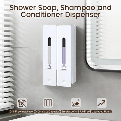 3 Chamber Shampoo and Conditioner Dispenser Set, No Drill Shower Soap | Refillable wall-mounted bottles, BPA-free. 3x400ml. Dispenses shampoo, conditioner,body wash, soap, lotion, gel. Black.