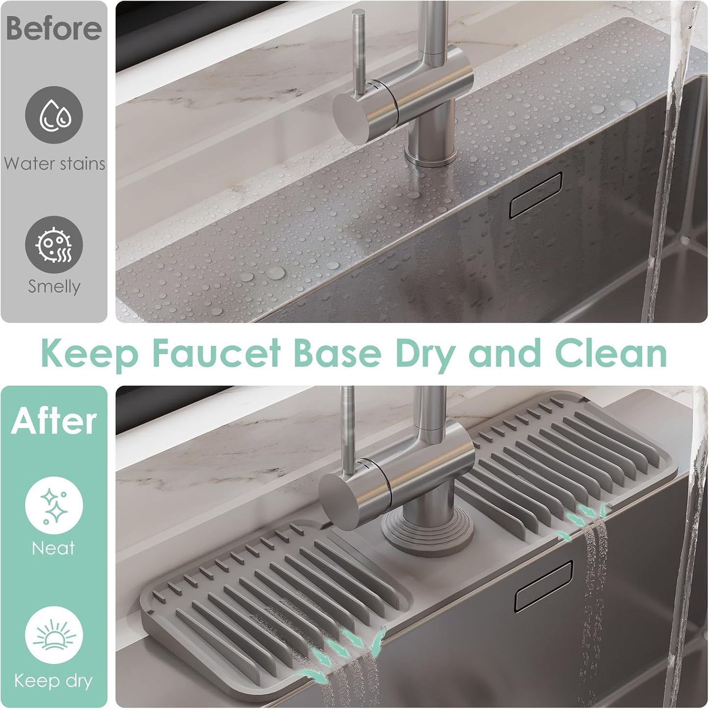 24-Inch Silicone Faucet Mat for Kitchen Sink Splash Guard, 7° Slope | 24"x5.5" water draining mat with fasten button; 1.6-2.75" customizable hole for bathroom, RV & kitchen sink drip catcher.