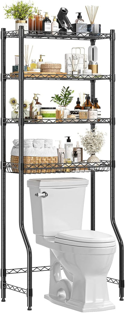 Simple Trending Over The Toilet Storage Cabinet, Metal Bathroom Shelf Organizer with Paper Holder and Hooks, 3 Tier, Black