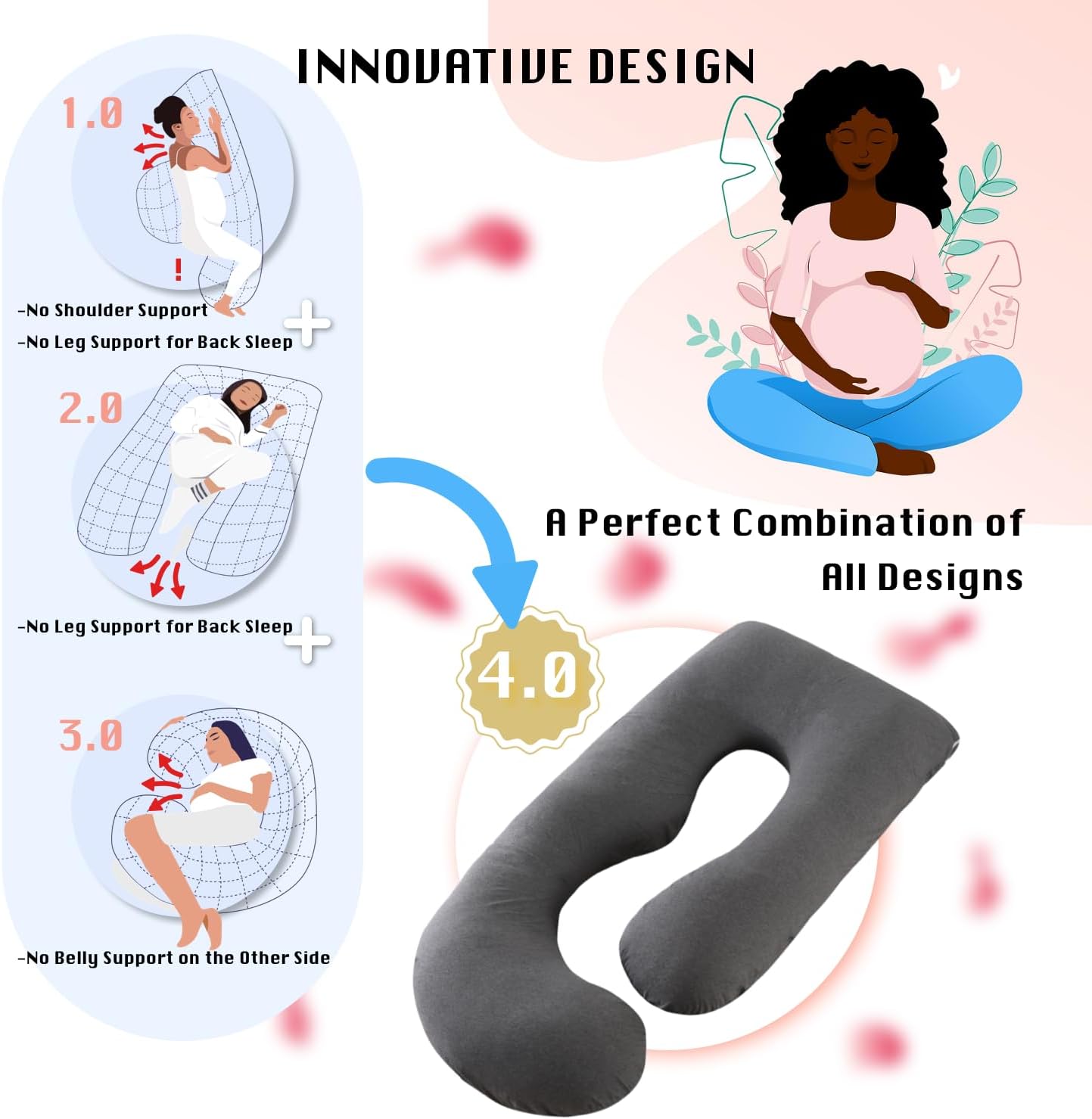 ALLOPERA Pregnancy Pillows for Sleeping, 57-Inch U-Shaped Full Body Maternity Pillow with Adjustable Fill and Removable Washable Cover, Back, Belly, Hip and Leg Support for Pregnant Women, Black Grey