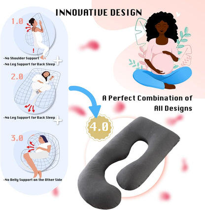 ALLOPERA Pregnancy Pillows for Sleeping, 57-Inch U-Shaped Full Body Maternity Pillow with Adjustable Fill and Removable Washable Cover, Back, Belly, Hip and Leg Support for Pregnant Women, Black Grey