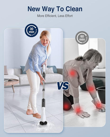 PUNOMO Electric Spin Scrubber for Bathroom & Shower, Power Cleaning Brush | Cordless, IPX7 Waterproof. 2 Speeds & 90-Min Battery, 8 Heads. Extendable Handle Saves Your Back For Tub & Tile Deep Cleaning