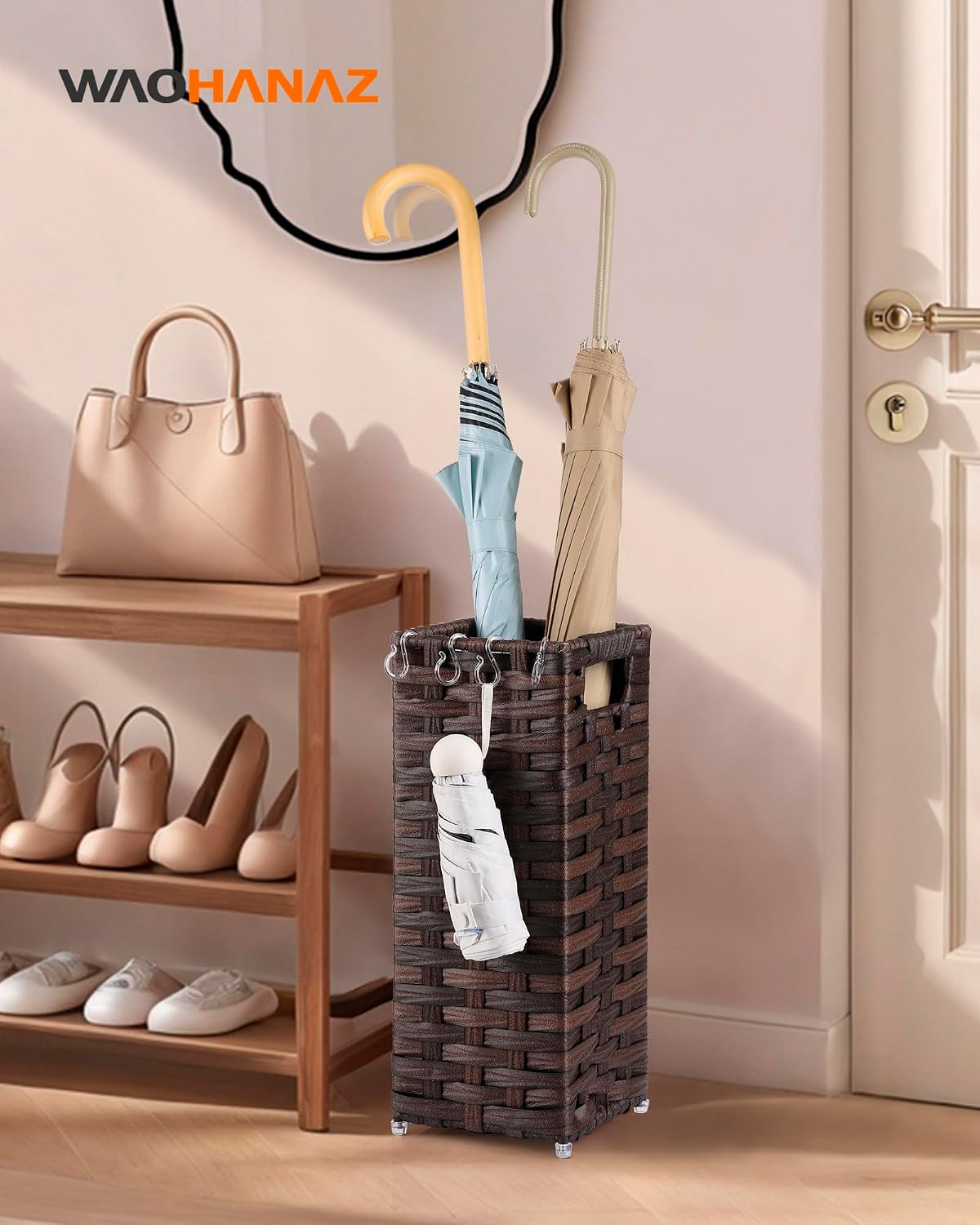 Rattan Umbrella Stand, Umbrella Holder for Entryway, Hand Woven Umbrella Rack Organizer Freestanding, with a Detachable Drip Tray, 4 Hooks, 11.8" L x 5.5" W x 16.5" H, Natural