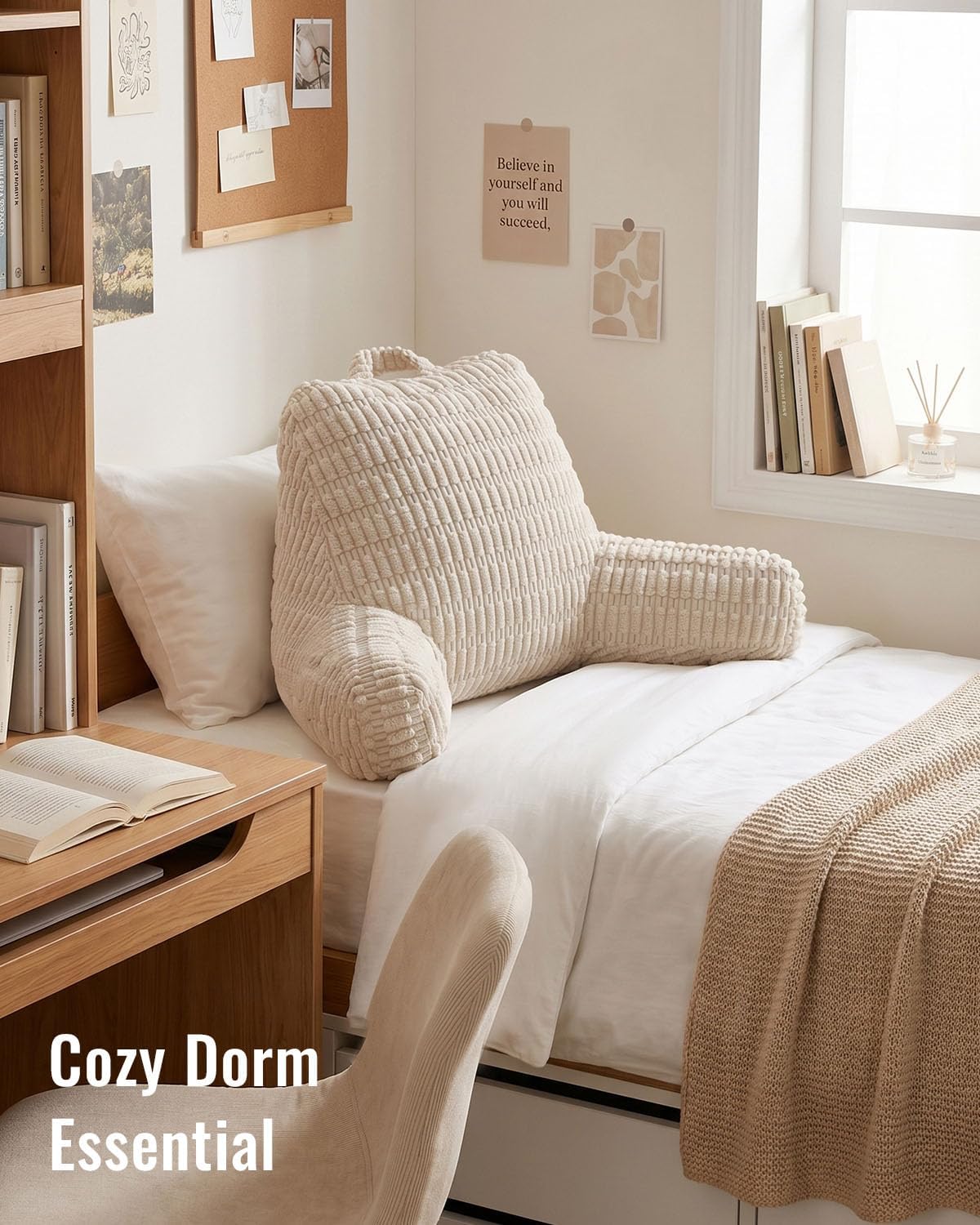 Blissful Diary Reading Pillow, Backrest Pillow with Shredded Memory Foam for Adult & Children, Designed for Bed and Couch Sitting Up, Includes Arms, Pockets and Washable Cover, Off White