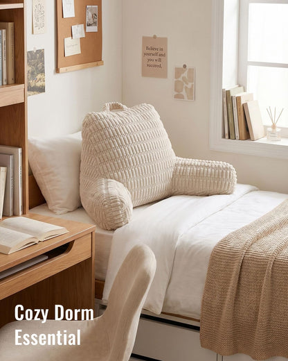 Blissful Diary Reading Pillow, Backrest Pillow with Shredded Memory Foam for Adult & Children, Designed for Bed and Couch Sitting Up, Includes Arms, Pockets and Washable Cover, Off White