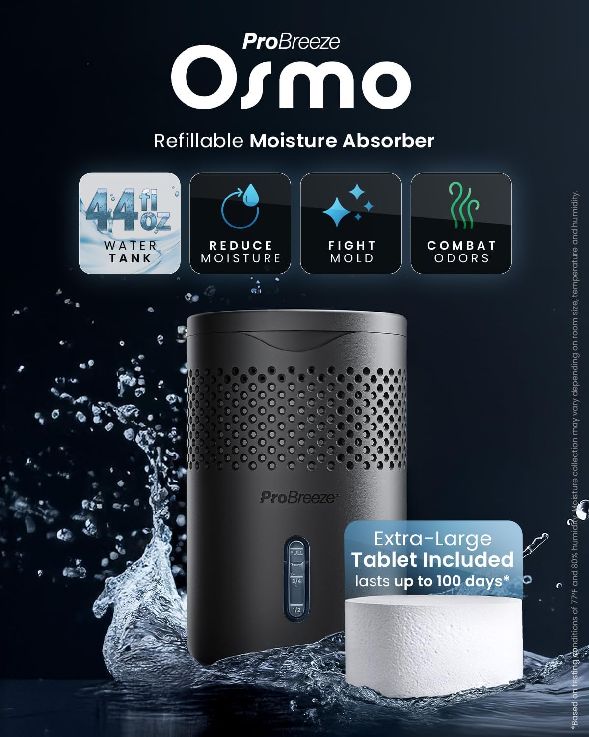 Pro Breeze Osmo Non-Electric Moisture Absorber, 44 fl.oz, Included 1.54lb Refillable Tablet, Lasts 100 Days, Ideal Silent Mini Dehumidifier for Closet, Bathroom & Bedroom, Fragrance Free, White