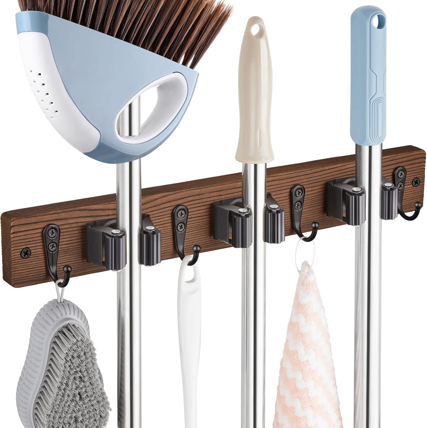 OUTNILI Mop and Broom Holder Wall Mount - Wood Broom Mop Hanger - Wall Mounted Garden Tool Rack Organizer for Closet Garage Laundry Room, Rustic Kitchen Decor With 4 Slots & 4 Hooks