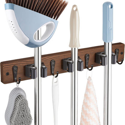 OUTNILI Mop and Broom Holder Wall Mount - Wood Broom Mop Hanger - Wall Mounted Garden Tool Rack Organizer for Closet Garage Laundry Room, Rustic Kitchen Decor With 4 Slots & 4 Hooks