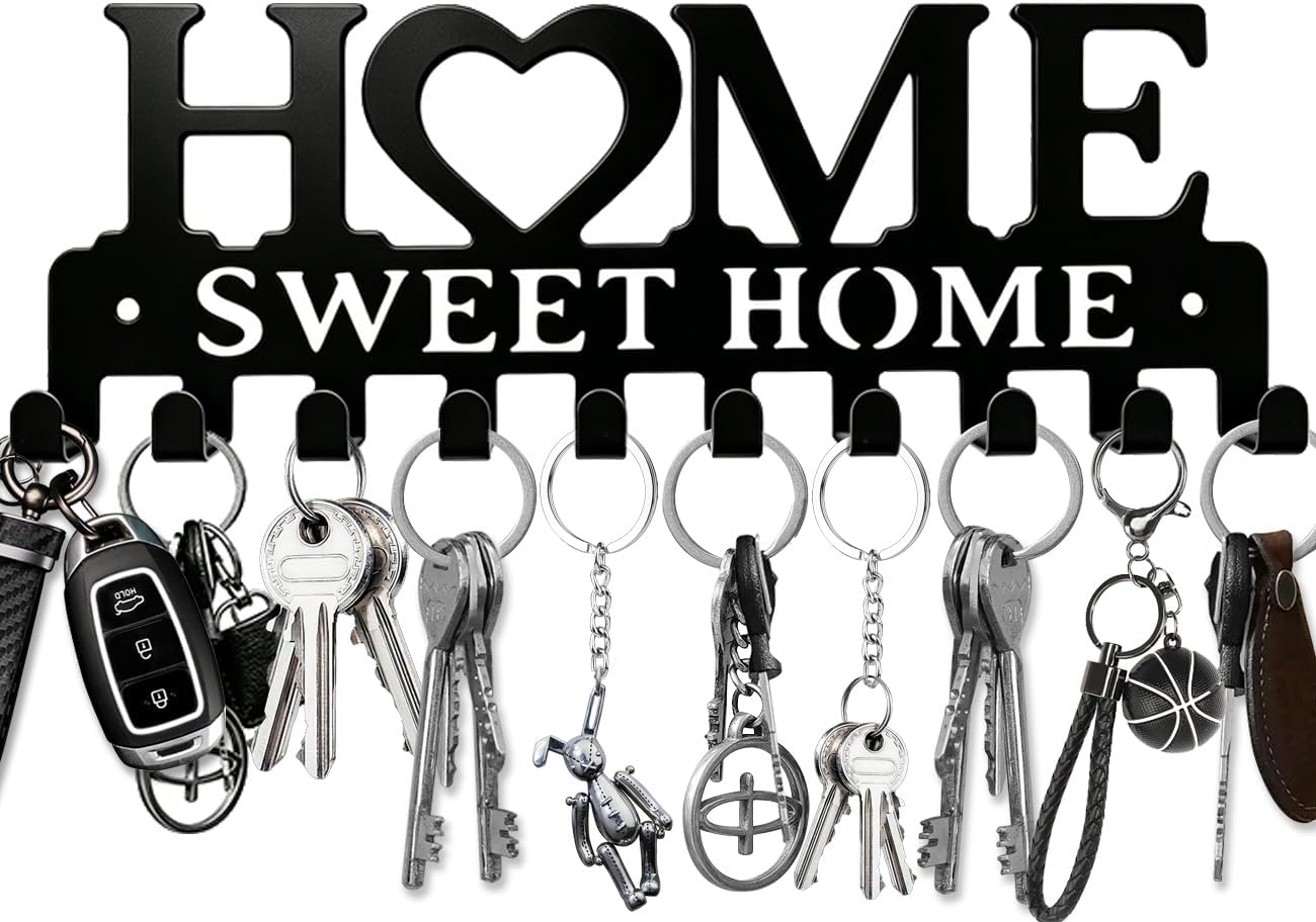 Key Holder Hooks Organizer Shelf Hanger Rack Wall Mounted Sweet Home Metal Decor Stylish and Practical for Entryway Front Door Kitchen Hallway Garage Mudroom Office Hardware Included Black