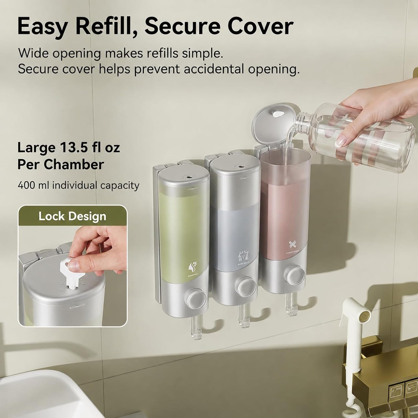 Shampoo and Conditioner Dispenser Wall Mounted with Hooks, 3-Chamber 1200ML Shower Soap Dispenser, No-Drill Bathroom Shower Organizer for Shampoo, Conditioner, Body Wash（Gun Grey）