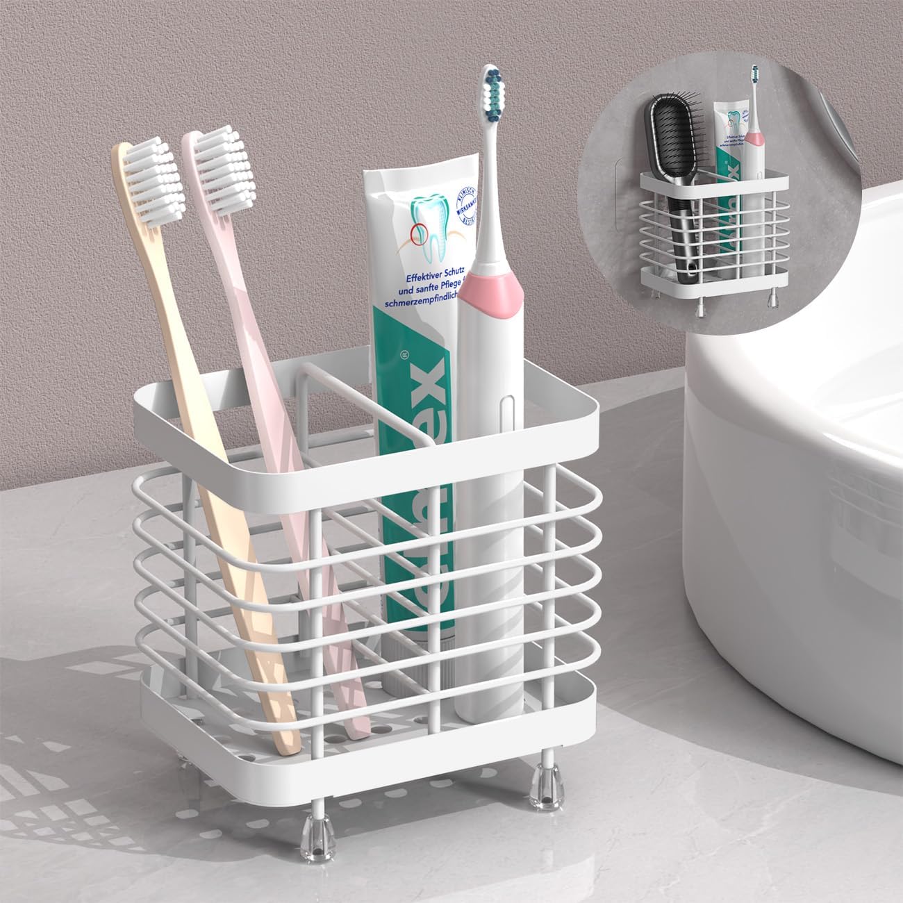 Luxspire Toothbrush Holders for Bathroom, Stainless Steel, 6 Slots, Black | Toothbrush Holders With Drainage, For Bathroom Countertop & Kitchen Sink, Bathroom Accessories