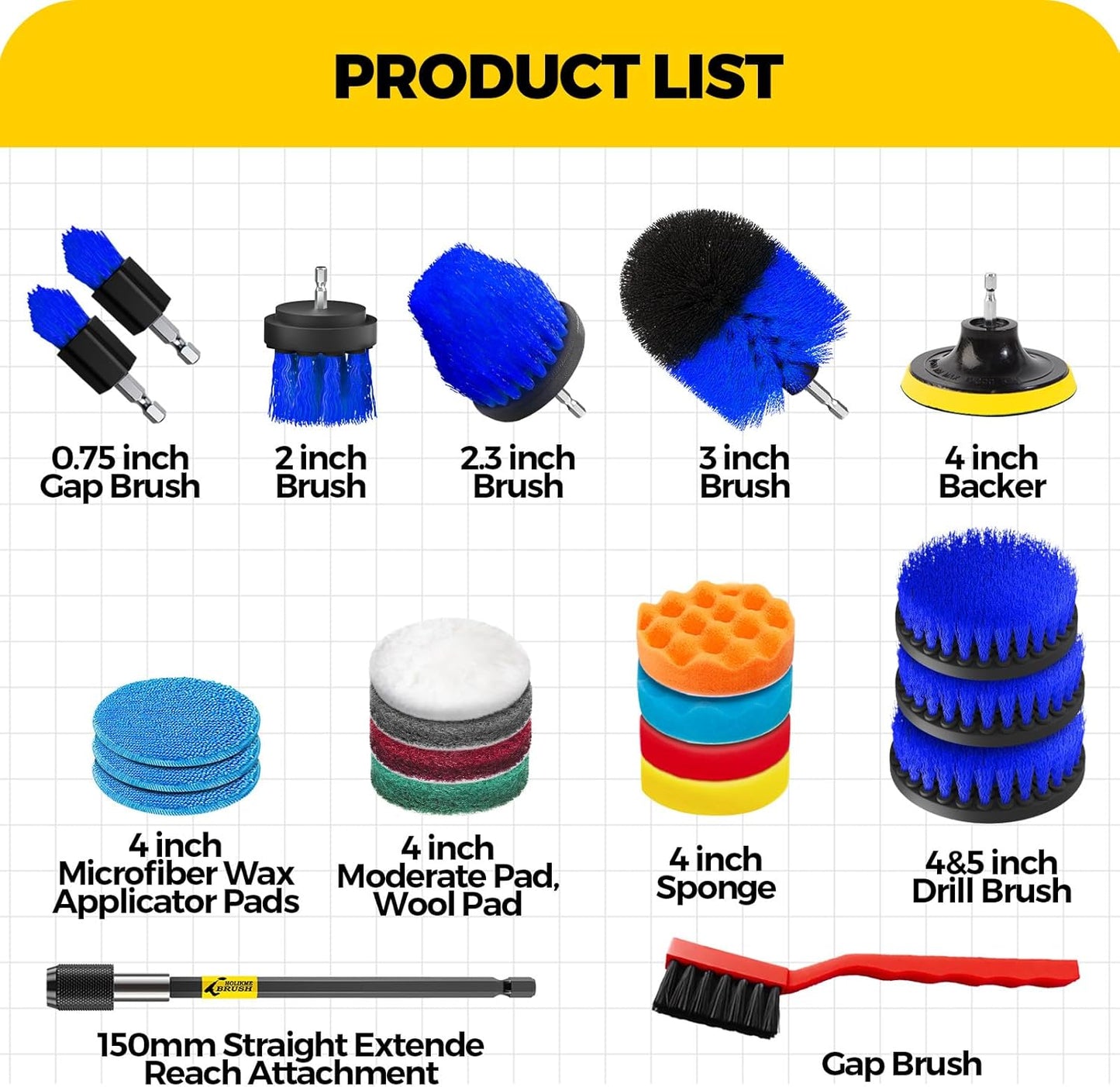 Holikme 22Pack Drill Brush Attachments Set,Scrub Pads & Sponge, Buffing Pads,Power Scrubber Brush,Car Polishing Pad Kit,Wax Applicator Pad,Car Cleaning Kit,Masonry Brushes,Cleaning Supplies | Buffing Sponges, Nylon Grout Tools, Microfiber Wax Pads, Tile