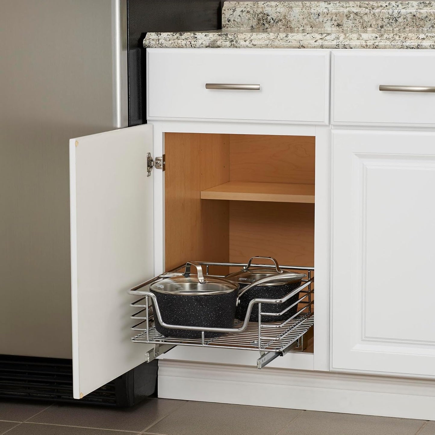 Household Essentials Glidez Multipurpose Chrome-Plated Steel Pull-Out/Slide-Out Storage Organizer for Cookware and Bakeware - 2-Tier Design - Fits Standard Size Cabinet or Shelf, Chrome