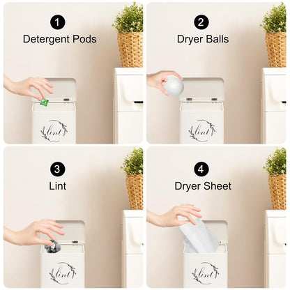 Magnetic Lint Bin for Laundry Room, Metal Lint Trash Can with Lid for Dryer, Wall Mounted Lint Holder Box with Lint Brush, Modern Farmhouse Laundry Room Decor, Cream