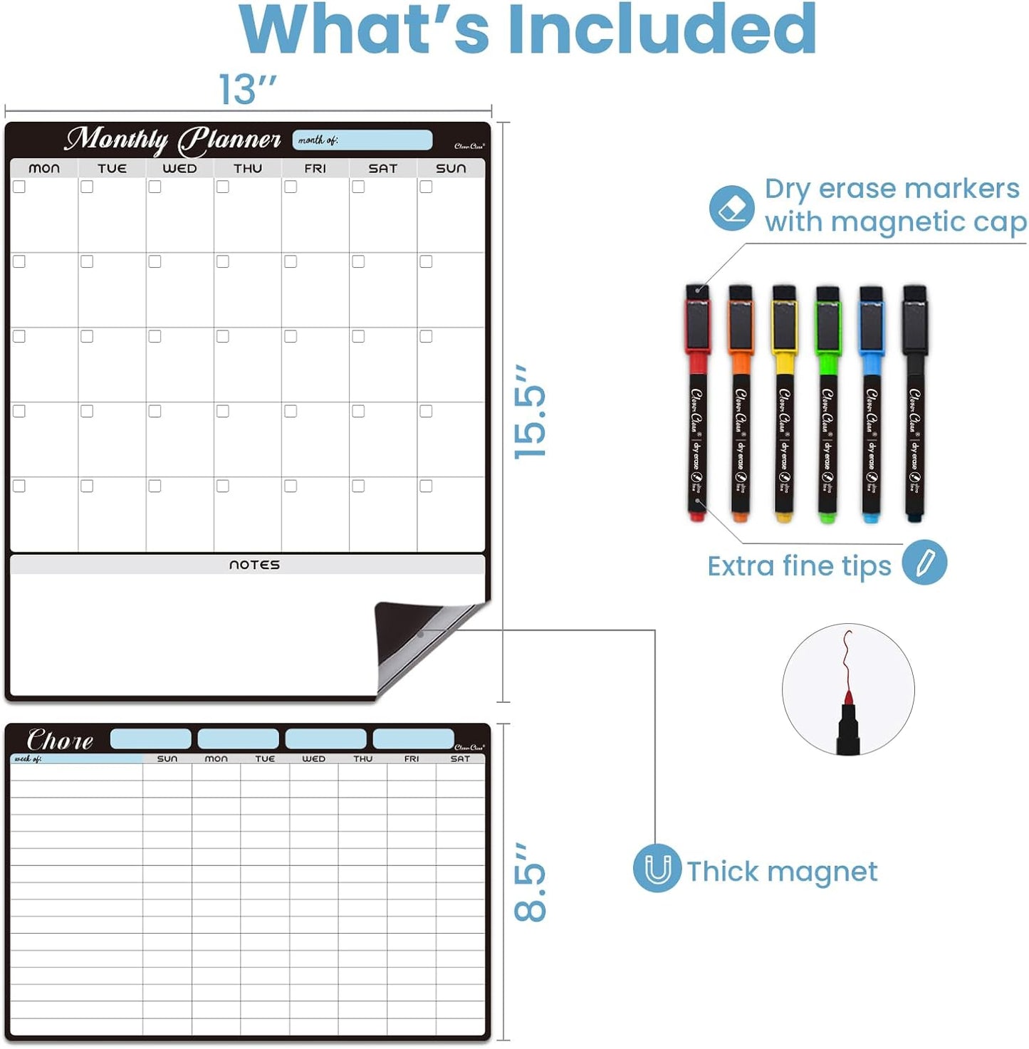 Magnetic Dry Erase Monthly Calendar Set - 15.5"x13" Monthly and 8.5"x13" Weekly Calendar for Fridge - 6 Extra Fine Point Markers Included - Shipped Flat
