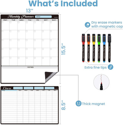 Magnetic Dry Erase Monthly Calendar Set - 15.5"x13" Monthly and 8.5"x13" Weekly Calendar for Fridge - 6 Extra Fine Point Markers Included - Shipped Flat