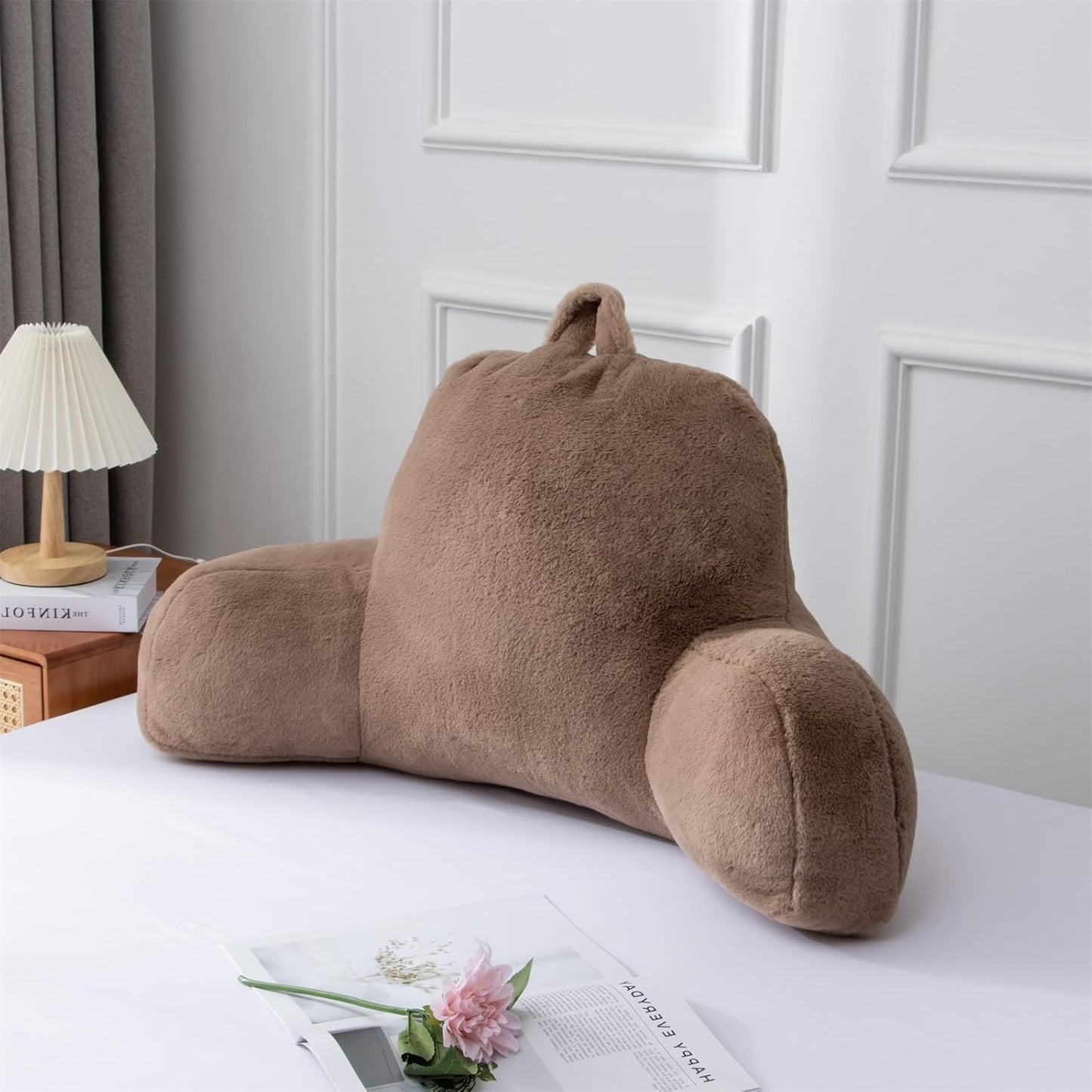 A Nice Night Ivory Reading Pillow, 18.5" Bed Wedge Pillows with Arms | Back Support For Sitting,Faux Fur Backrest Pillow For Adult Children, Supports Reading,Gaming & Relaxing in Bed,Couch,Floor