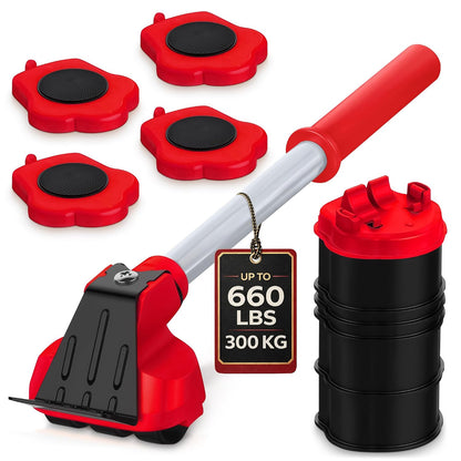660 lb Furniture Movers with Wheels for Heavy Items (Red) | Heavy Duty Furniture Lifter Tool with 4 Sliders & 13" Lever for Hardwood, Tile & Laminate; Move Sofas, Beds & Refrigerators