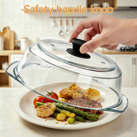10" Tall Glass Microwave Splatter Cover with Silicone Handle, Borosilicate Glass Microwave Cover for Food, 2 Steam Vents, Dishwasher Safe & BPA-Free