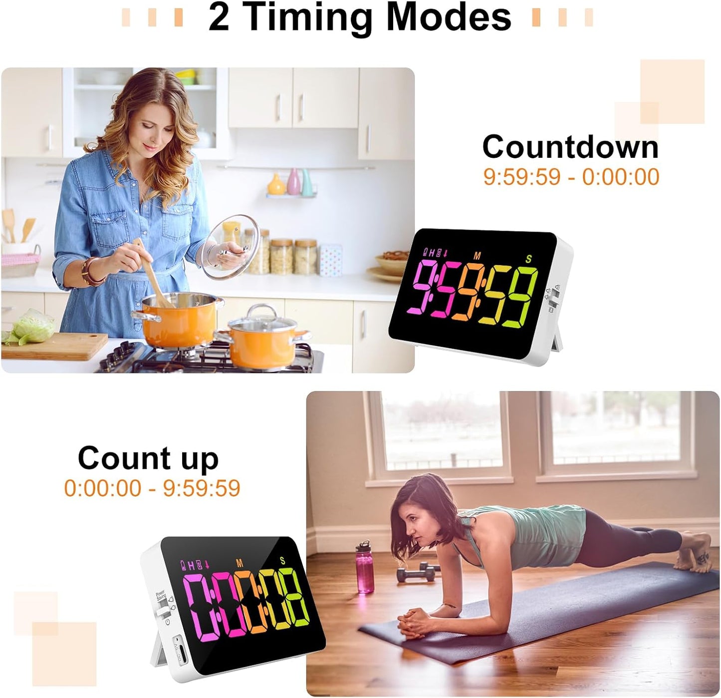 PERSUPER Kitchen Digital Timer, Count Down Up, Rechargeable, Vibration Mode | Adjustable Volume and Brightness LED Display, Time Management Cook, Desk, Kids Adults Study Teaching, Kitchen Gadgets RGB ﻿