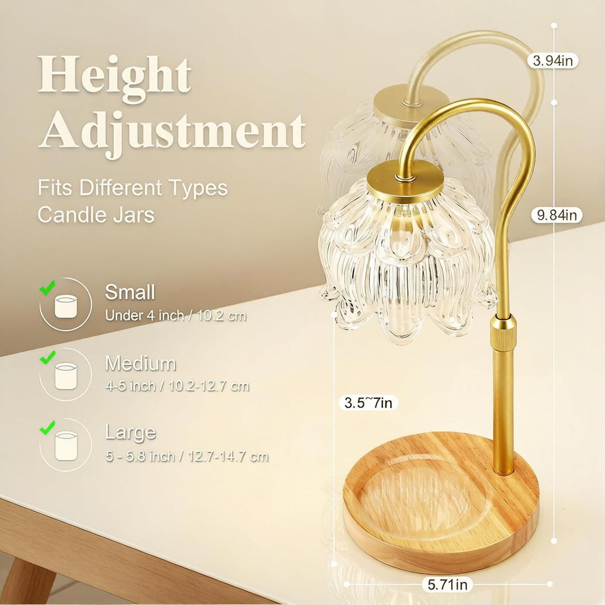 Dreamholder Electric Candle Warmer Lamp with Timer, Dimmable Candle Lamp with Adjustable Height, Wax Melter for Jar Candles Wood Base Floral Home Decor Gifts for Women Mom, Silver Glass