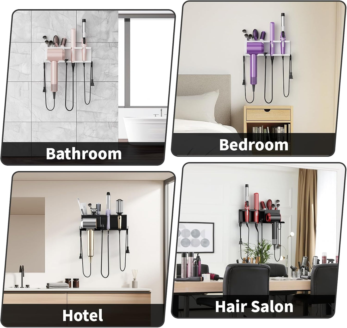 Hair Dryer Holder, Hair Tool Organizer Wall Mount, Adhesive or Drill, White | Blow Dryer Holder for Dryer Hook, Straightener Curling Irons Hairdryer Hair Appliance Hanger for Salon Bathroom Wall Storage