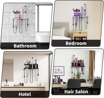 Hair Dryer Holder, Hair Tool Organizer Wall Mount, Adhesive or Drill, White | Blow Dryer Holder for Dryer Hook, Straightener Curling Irons Hairdryer Hair Appliance Hanger for Salon Bathroom Wall Storage