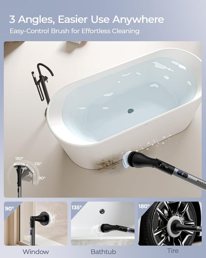 MayKing Electric Spin Scrubber with 9 Brush Heads, IPX7, Model Blue | 3-Angle & 4-Length Adjustable Cordless Power Scrubber, 3-Speed & Battery LED Display, for Bathroom, Tub, Floor & Tiles