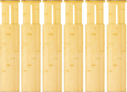 VaeFae 6-Pack Adjustable Bamboo Drawer Dividers, Expandable Drawer Organizer for Kitchen Utensils, Clothes, Bathroom, Office – Fits Drawer Interiors 16.6" to 21.8"