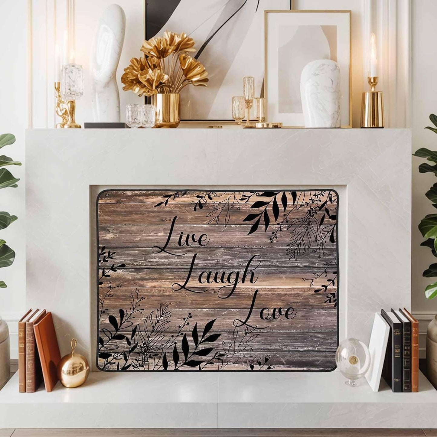 Magnetic Fireplace Cover Brown Rustic Wood Grain Fireplace Screen Decorative Leaves Laugh Love Insulation Fireplace Blocker Blanket Save Energy Fireplace Draft Stopper Covers for Living Room 36x30