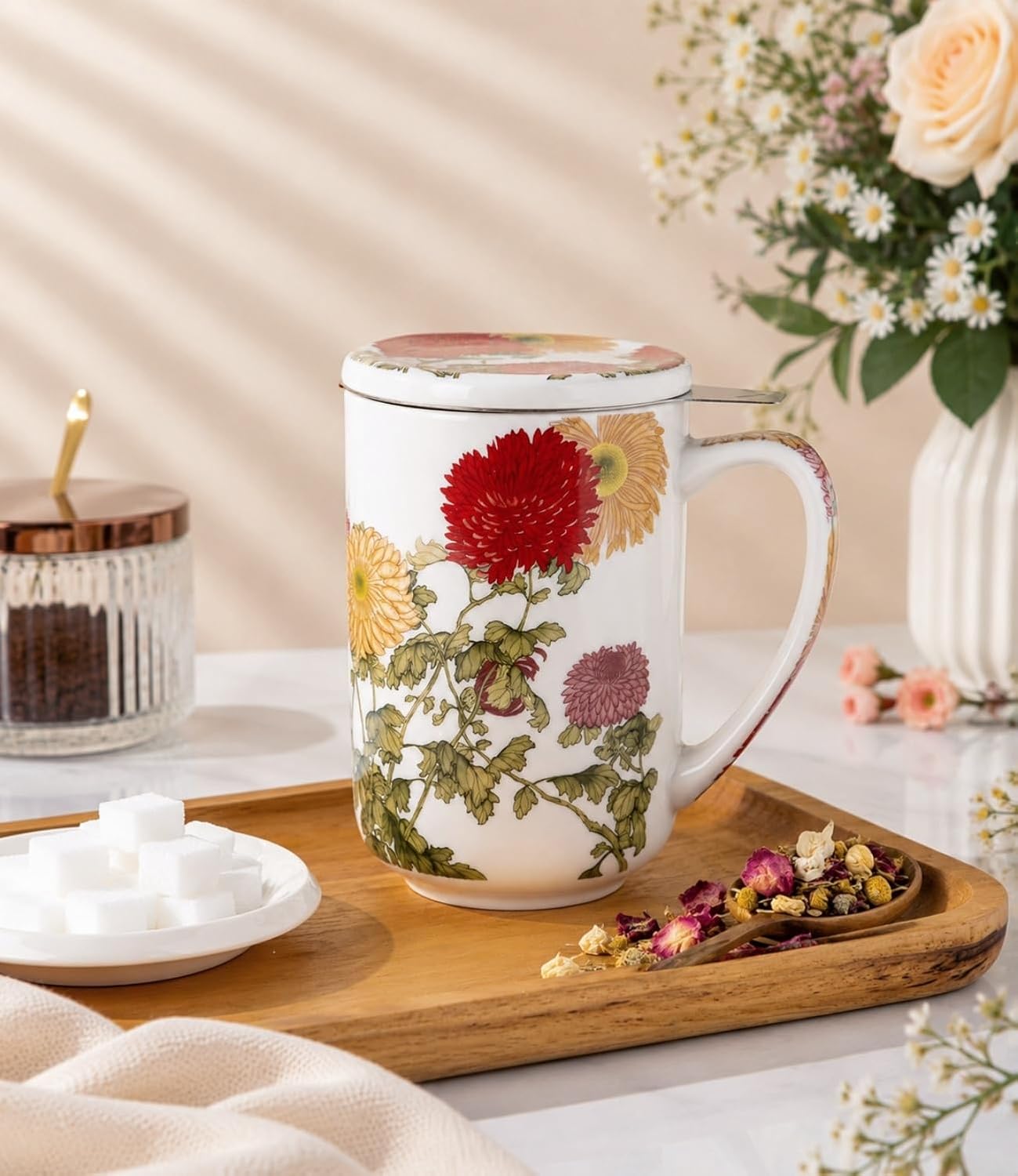 AmorArc Tea Cup With Infuser and Lid, 18oz Loose Leaf Tea Mug With Steeper | Porcelain Tea Mug With Infuser and Lid, Large Strainer Tea Cup with Lid for Tea, Coffee Mug for House-warming Birthday Gift
