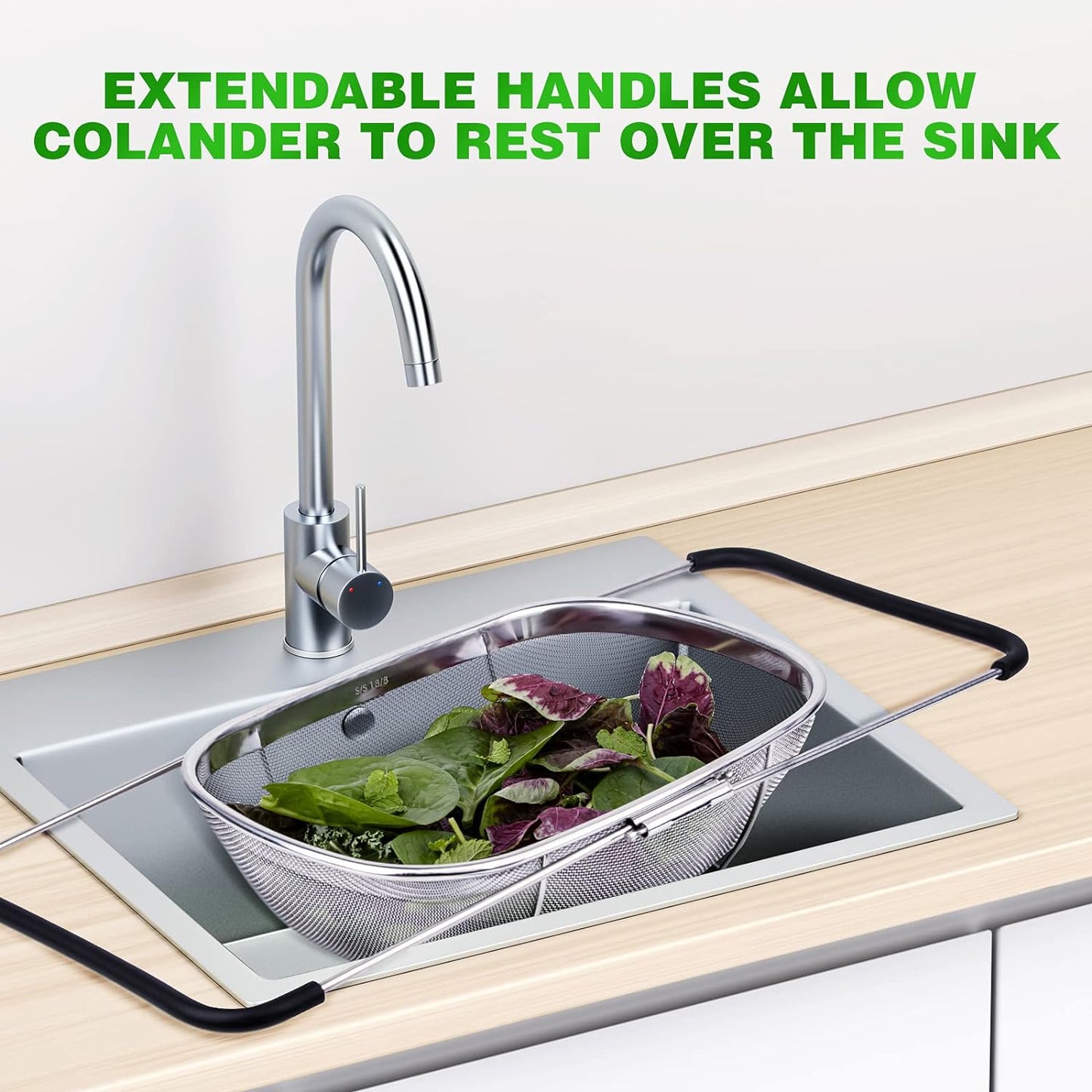 Tiawudi 6-Quart Large Over The Sink Colander, Heavy Duty 40% Thicker 18/8 Stainless Steel Fine Mesh Strainer Basket with Expandable Rubber Grip Handles - Strain, Drain, Rinse Fruits, Vegetables