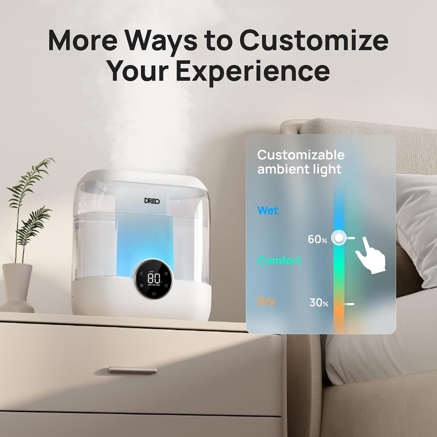 DREO 6L Smart Humidifiers for Bedroom, Large Room, 60H Runtime, Quiet 28dB | Top Fill Supersized Cool Mist Humidifier for Plants, Indoor, Home, Night Light, App/Touch/Voice Control, Black