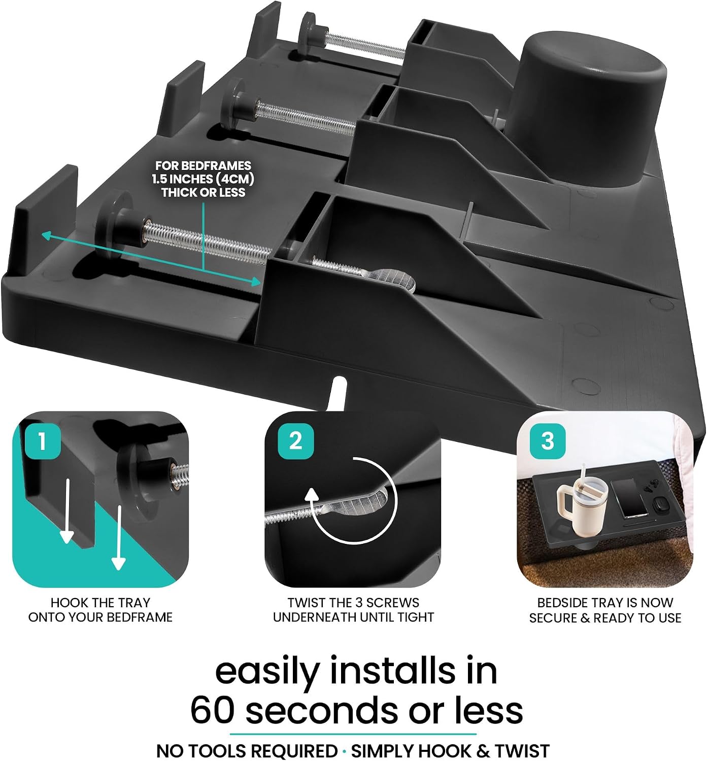 Modern Innovations Bedside Shelf for Bed, College Dorm Room, Bunk Bed Shelf/Caddy for Top Bunk, Clip On Nightstand Tray with Cord and Cup Holder for Table Storage (Black)