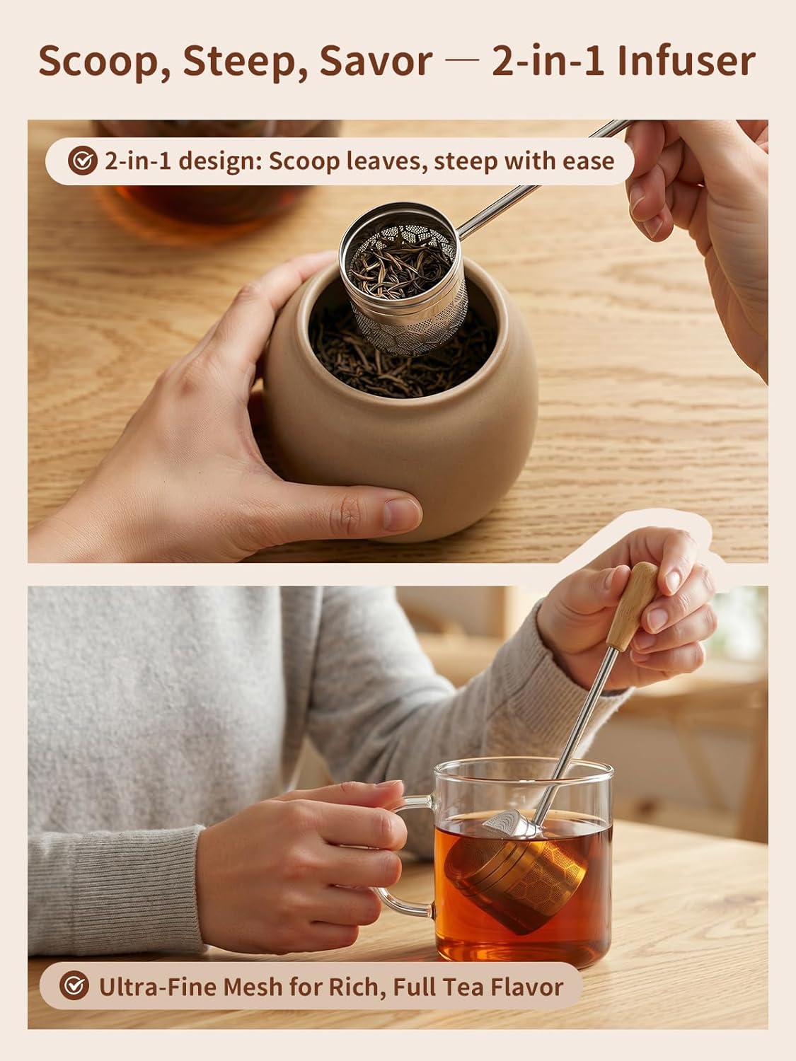Tea Infuser for Loose Leaf Tea, Tea Scoop Infuser Fine Mesh Tea Strainers | 2-in-1 Tea Scoop & Tea Filter with Long Handle, Extra Fine Mesh Loose Leaf Tea Steeper, Tea Ball for Cup, Mug, Teapot, Kettle