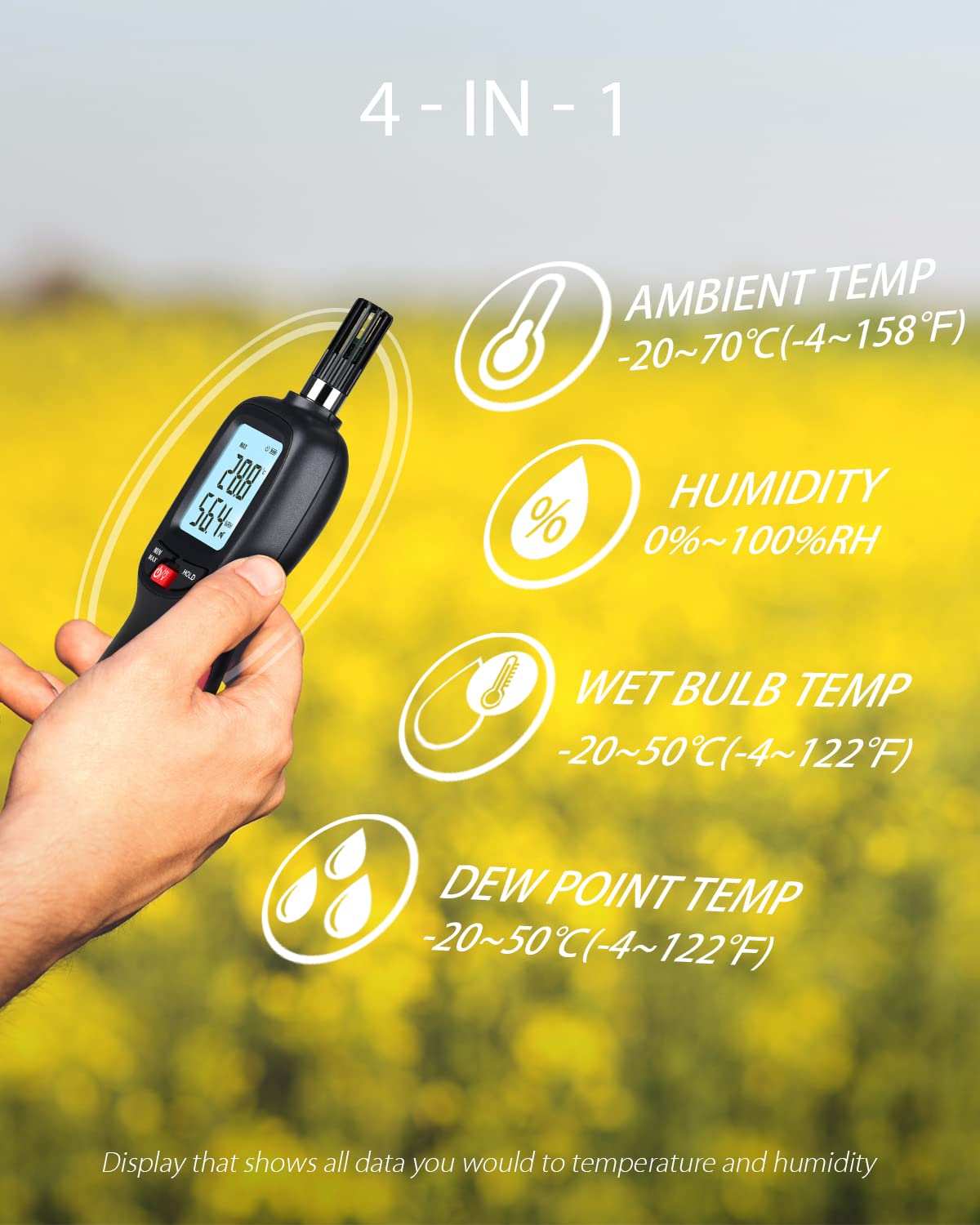 Humidity and Temperature Meter, Digital Hygrometer Handheld | Measure Dew Point, Wet Bulb, Ambient Temp, Humidity Thermometer Gauge, Psychrometer for Home, Room, Indoor, Outdoor HVAC
