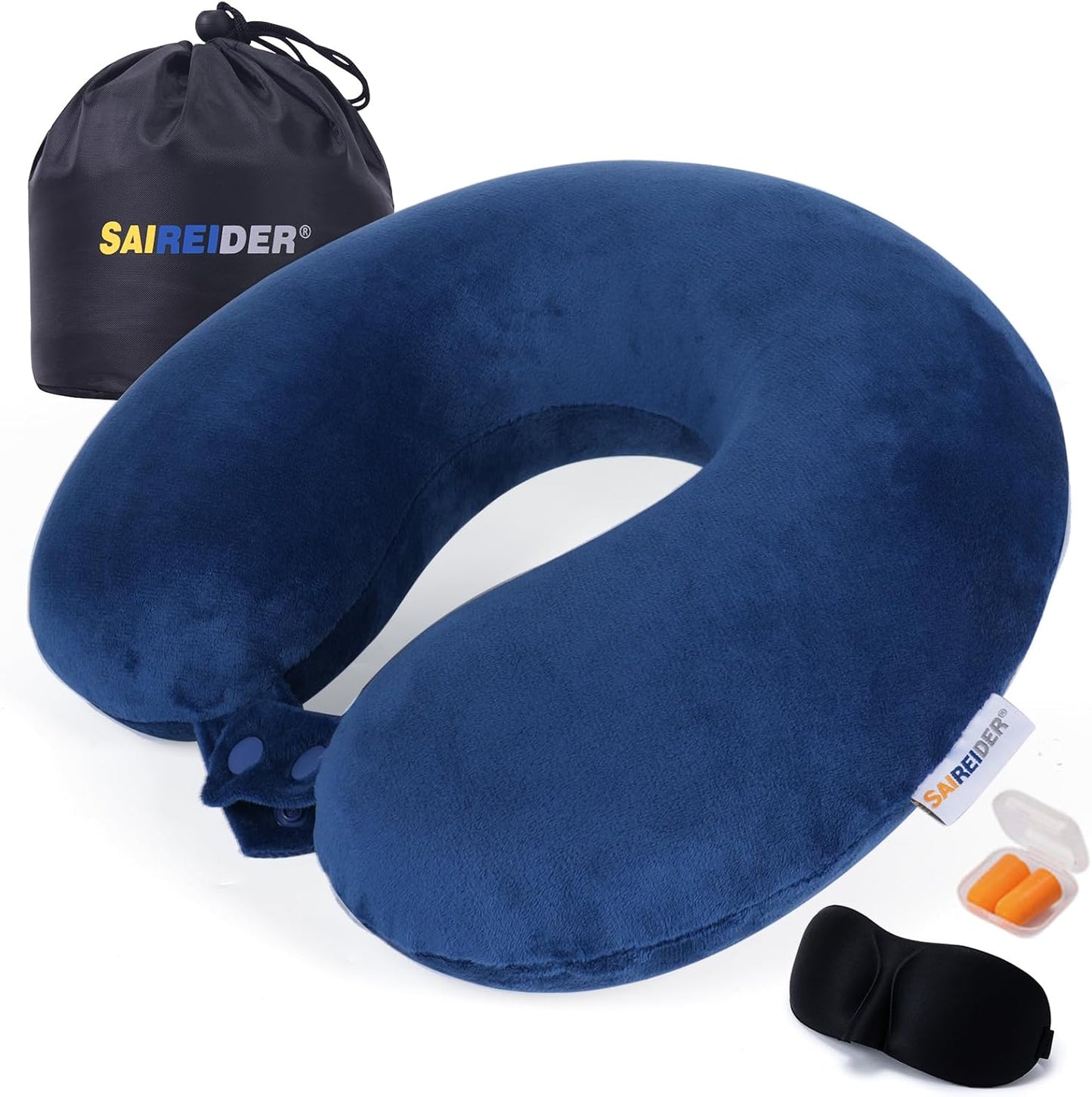 SAIREIDER Travel Pillow 100% Pure Memory Foam Travel Neck Pillow, Airplane Pillow for Traveling、Car、Home、Office，Washable Cover（Black）