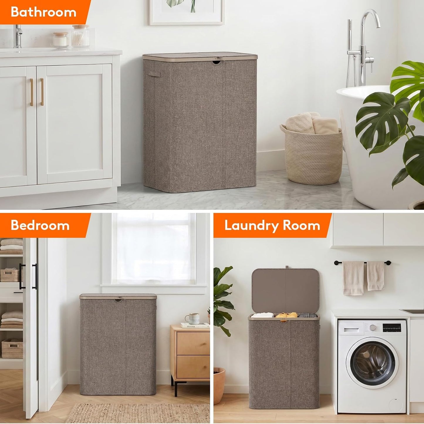 Lifewit 185L 3 Section Laundry Hamper with Lid, Laundry Basket, Beige | Large Foldable Laundry Sorter with 3 Removable Bags, Tall Clothes Hamper for Bedroom and Bathroom